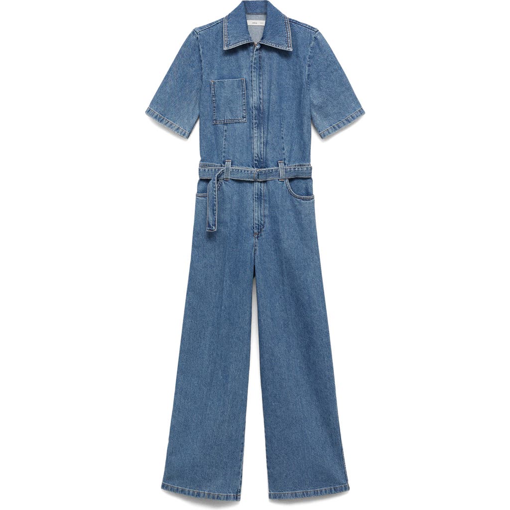 Mango Fleur Tie Waist Denim Jumpsuit In Medium Blue