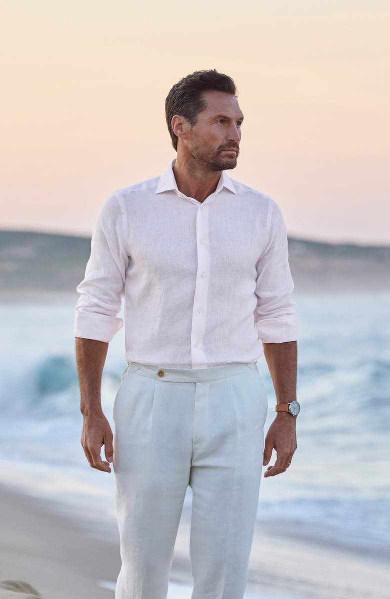 David Donahue Trim Fit Herringbone Linen Dress Shirt, Alternate, color, Pink