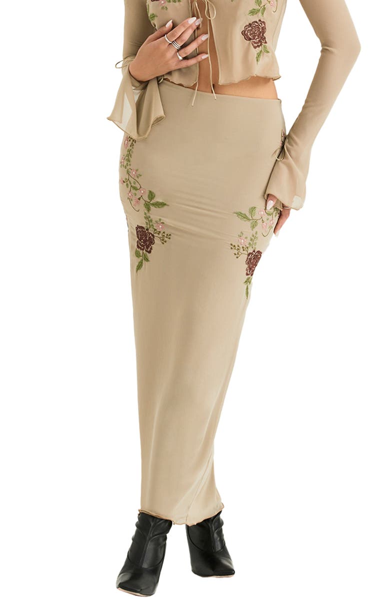 HOUSE OF CB Lailah Embroidered Floral Maxi Skirt, Main, color, Artichoke