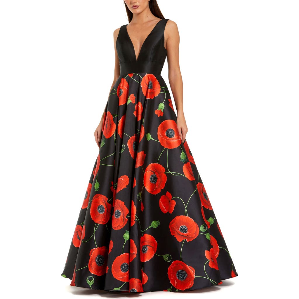 Mac Duggal Plunge Neck Ballgown With Floral Mikado Skirt In Black