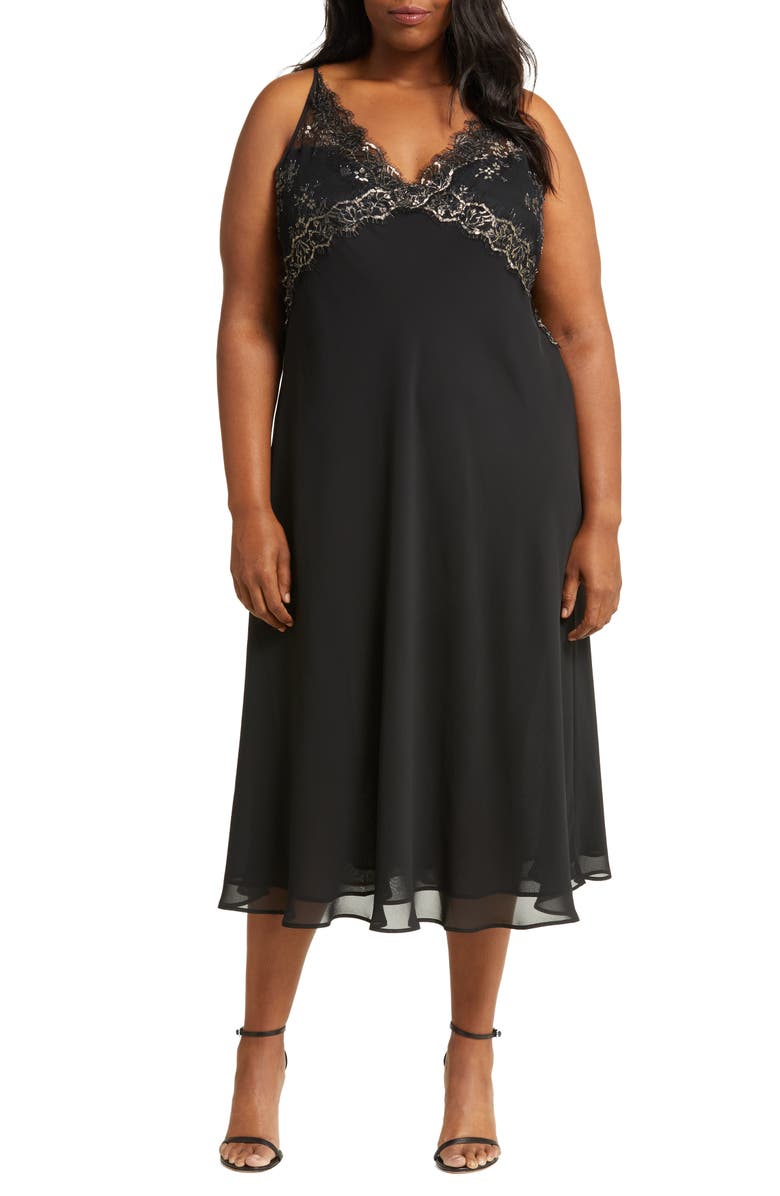 Marina Rinaldi Double Layered Georgette Bodice Midi Dress, Main, color, 