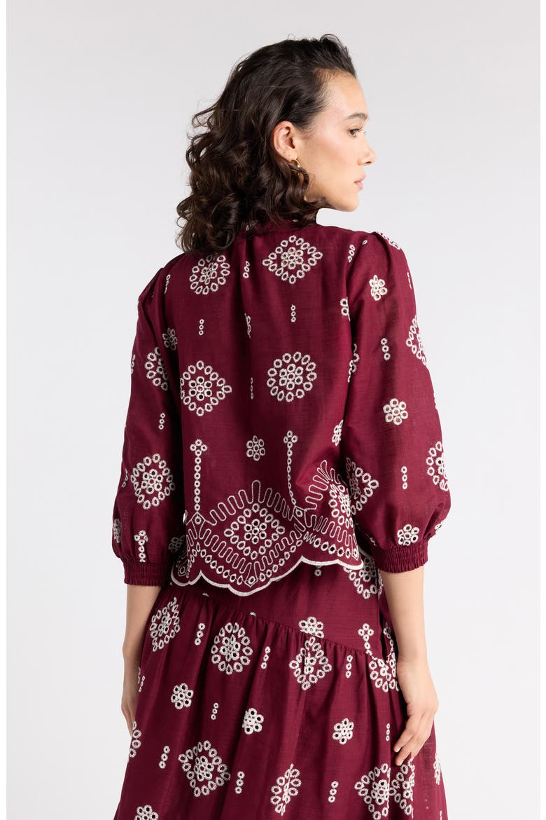 Cotton Eyelet Popover Top, Alternate, color, BURGUNDY IVORY FLORAL EYELET