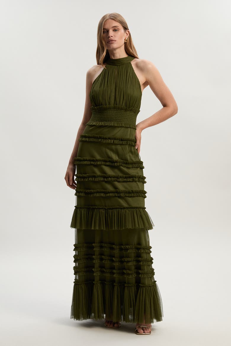 Tulle Layered Halter Neck Maxi Dress, Alternate, color, Khaki