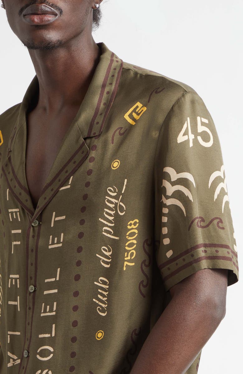 Balmain Club 45 Print Short Sleeve Button-Up Pajama Shirt, Alternate, color, Uix Khaki/ Multi