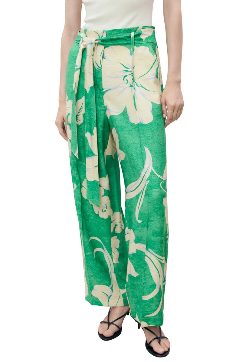 MANGO Floral Belted Pants, Main, color, Green
