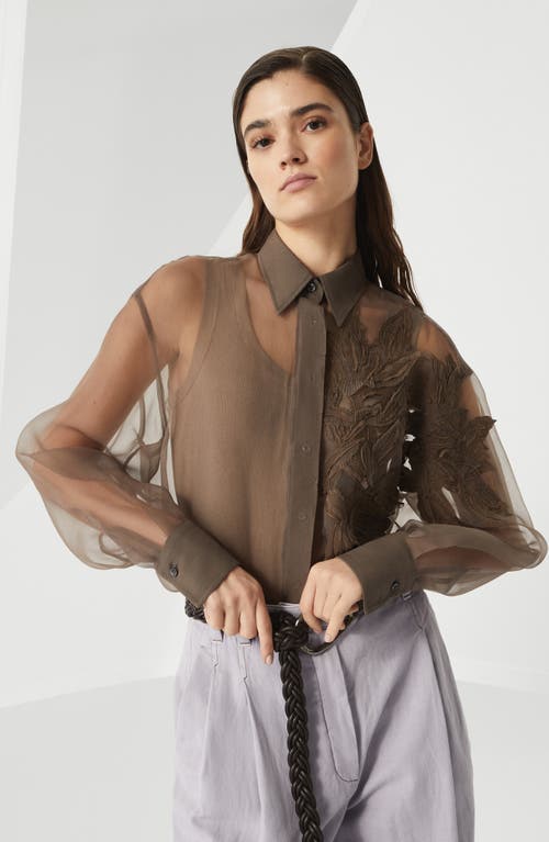 Brunello Cucinelli Laser Cut Crispy Silk Chiffon Blouse In Brown