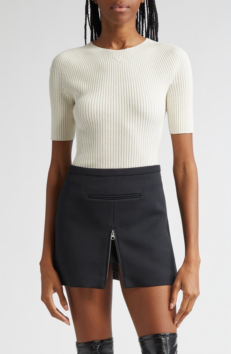 Courrèges Logo Patch Cotton & Merino Wool Rib Sweater, Main, color, 