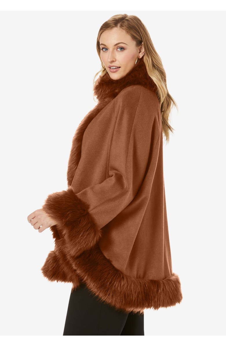 Jessica London Faux Fur Trim Wool Cape, Alternate, color, Black