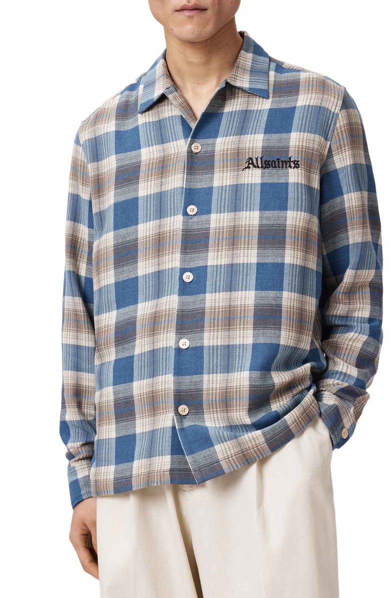 AllSaints Alta Plaid Cotton Flannel Button-Up Shirt, Main, color, Blue