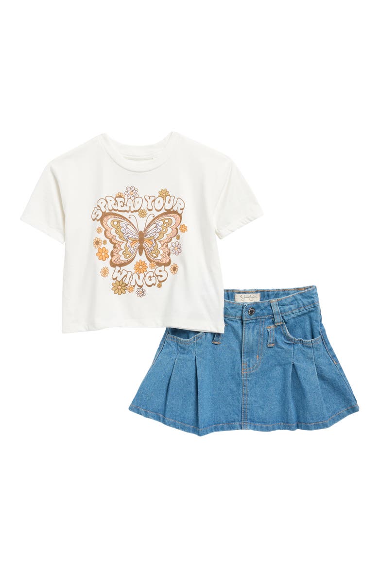 Kids' Spread Your Wings Butterfly Graphic T-Shirt & Denim Skirt Set, Main, color, SEA SALT