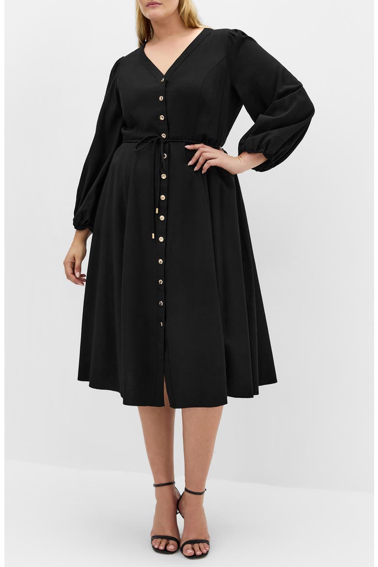 Kristina Tie Waist Long Sleeve Midi Dress, Main, color, BLACK
