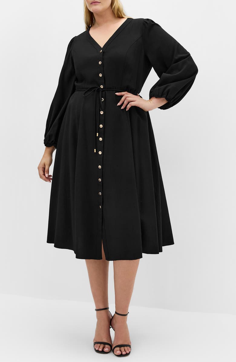 City Chic Kristina Tie Waist Long Sleeve Midi Dress, Main, color, Black