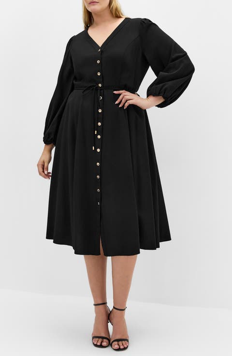 Kristina Tie Waist Long Sleeve Midi Dress (Plus)