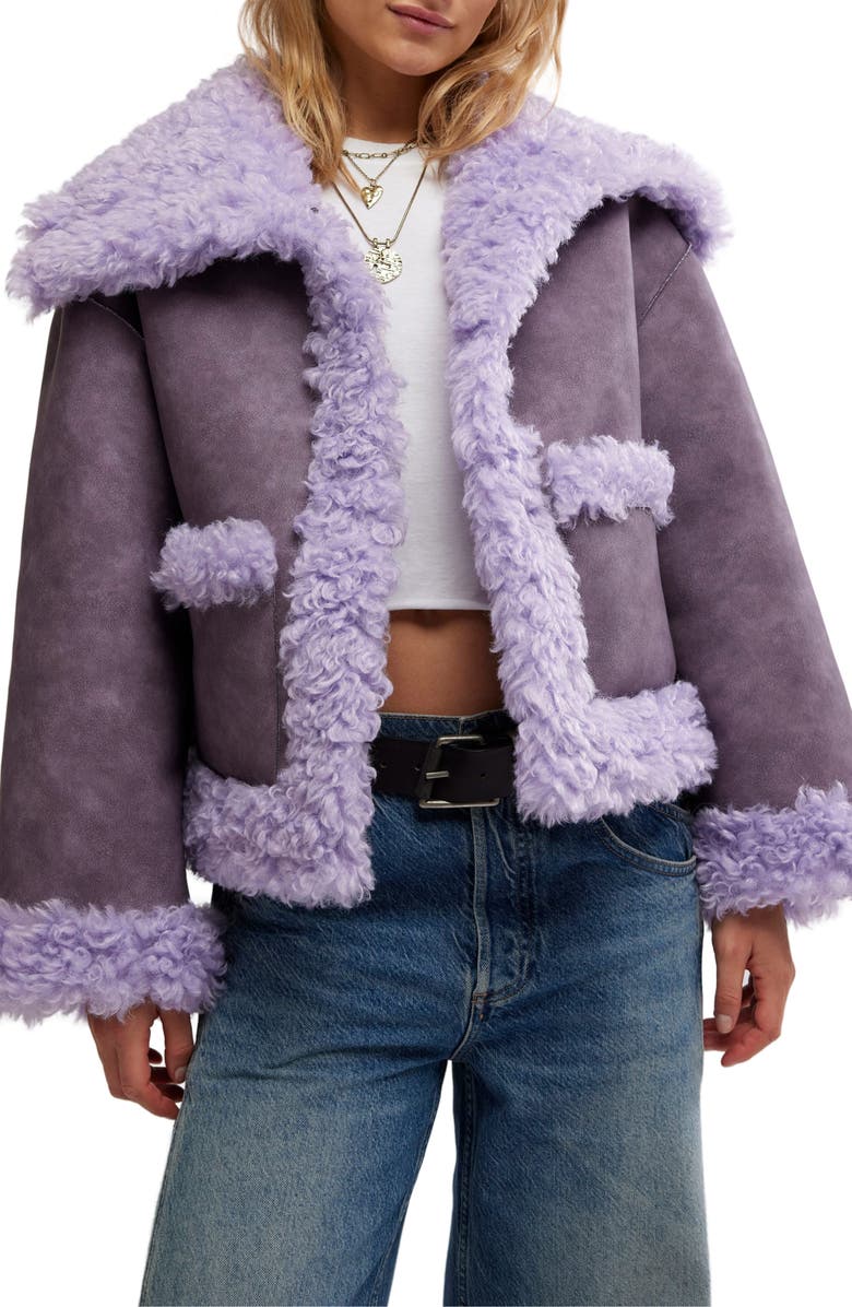 Free People Kiki Faux Leather Jacket with High Pile Fleece Trim, Main, color, Lilac Combo