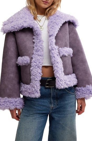 Free People Kiki Faux Leather Jacket With High Pile Fleece Trim In Lilac Combo