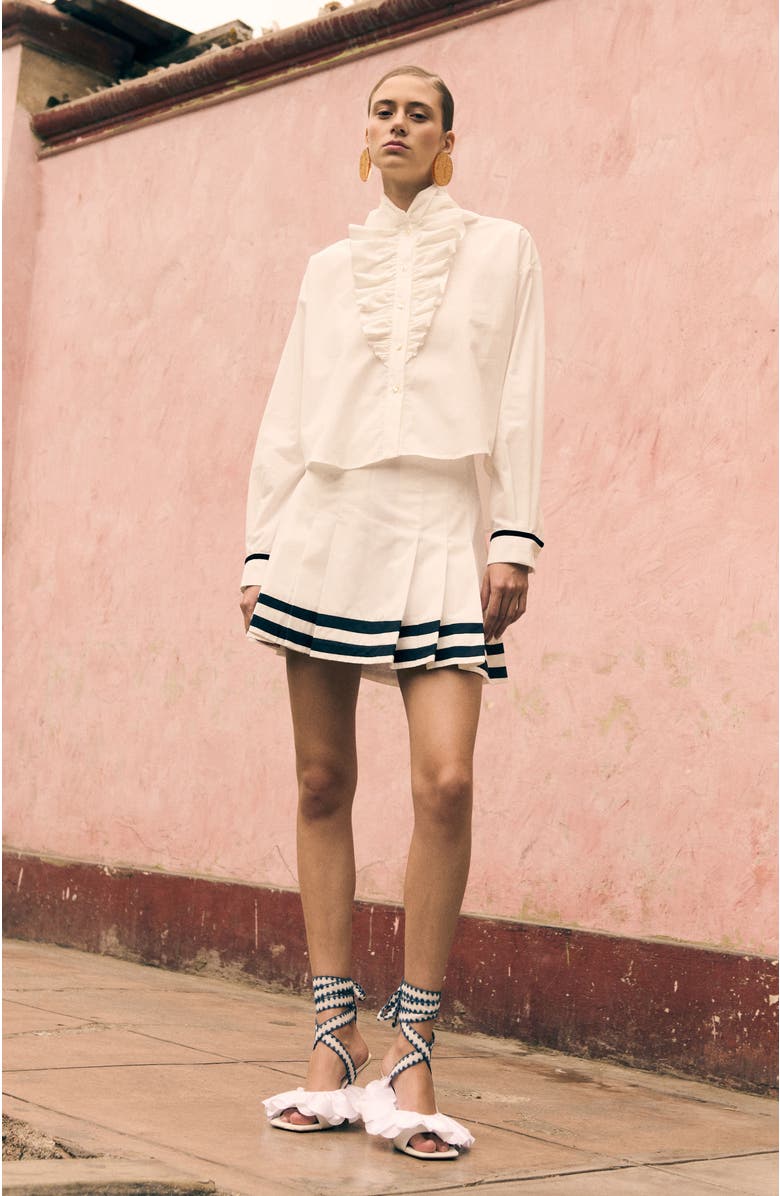 De Loreta Zinia Cotton Pleated Miniskirt, Alternate, color, White/Navy