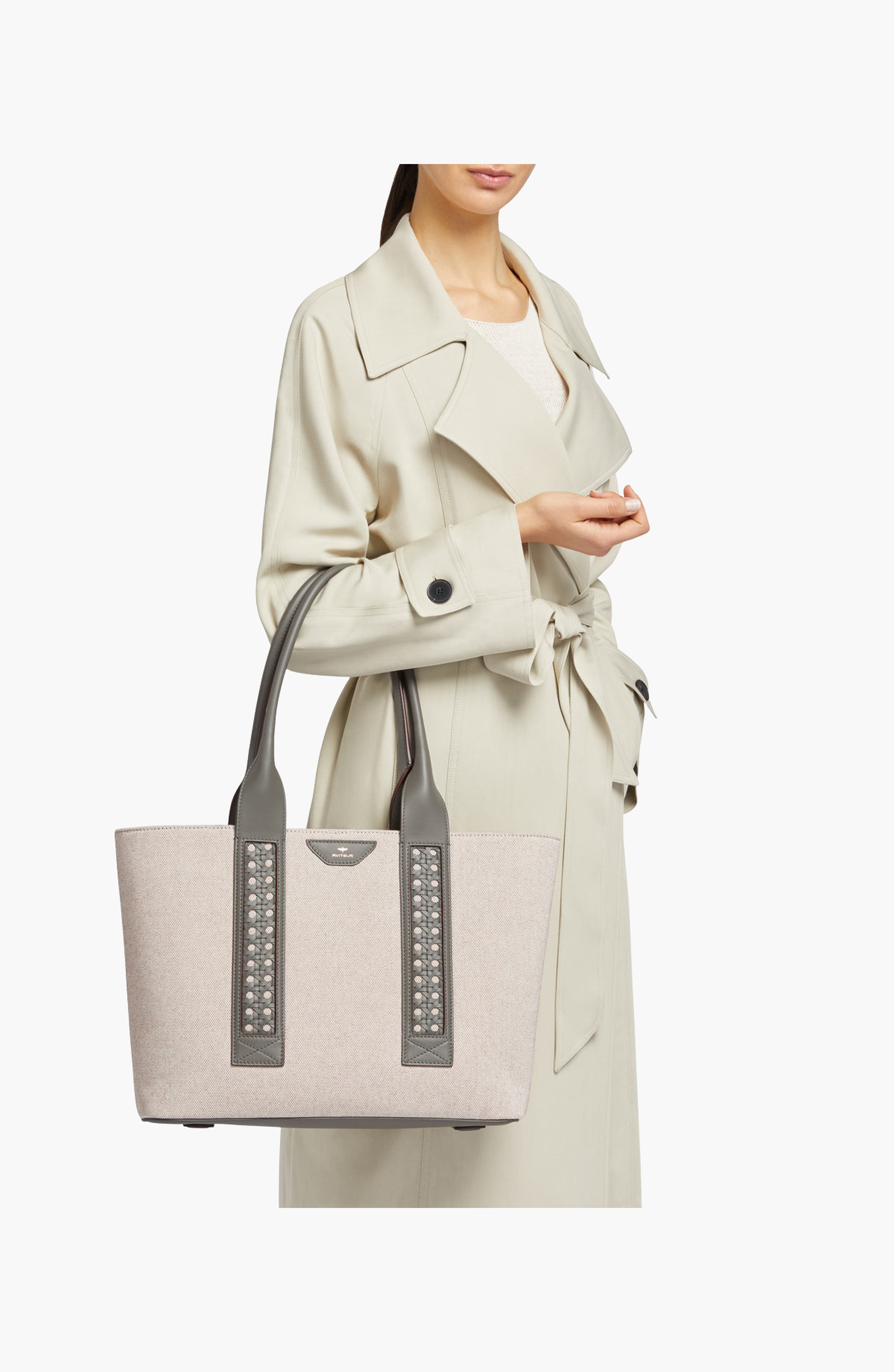 Aviteur Intreccio Weave Canvas Leather Handle Tote, Alternate, color, Elephant Grey