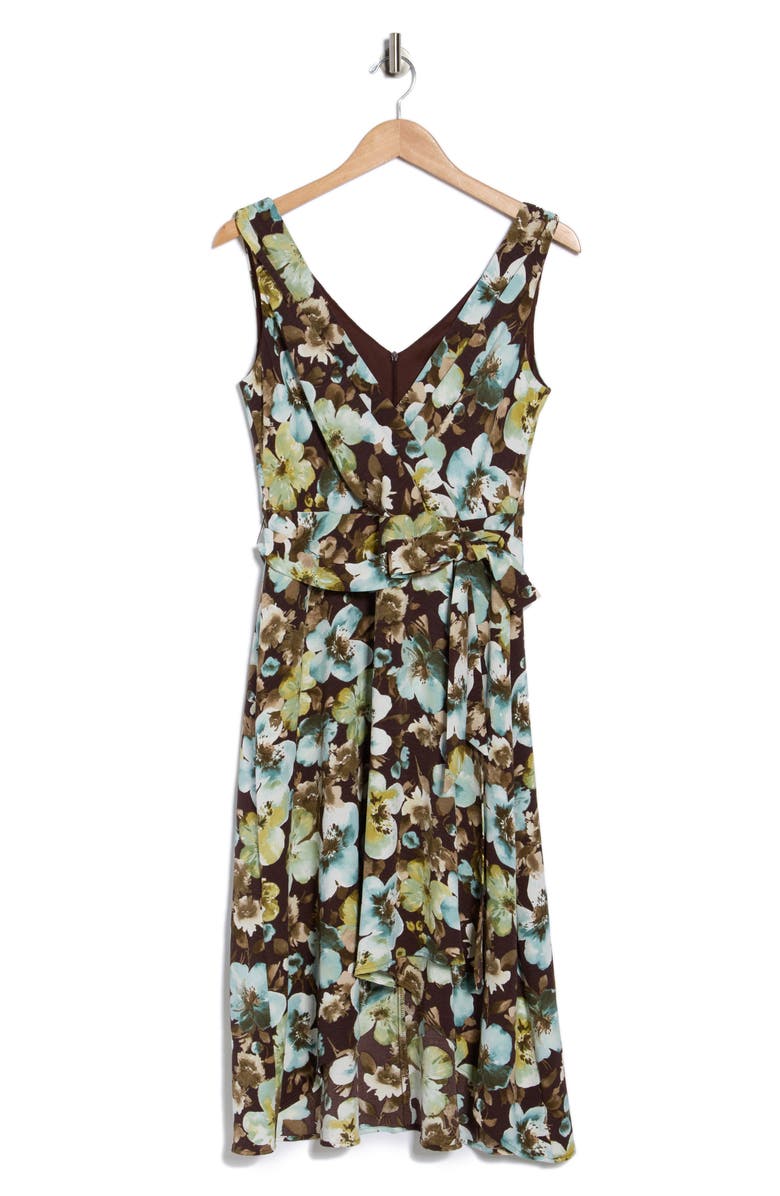 Connected Apparel Tie Waist High-Low Midi Dress, Alternate, color, Chocolate