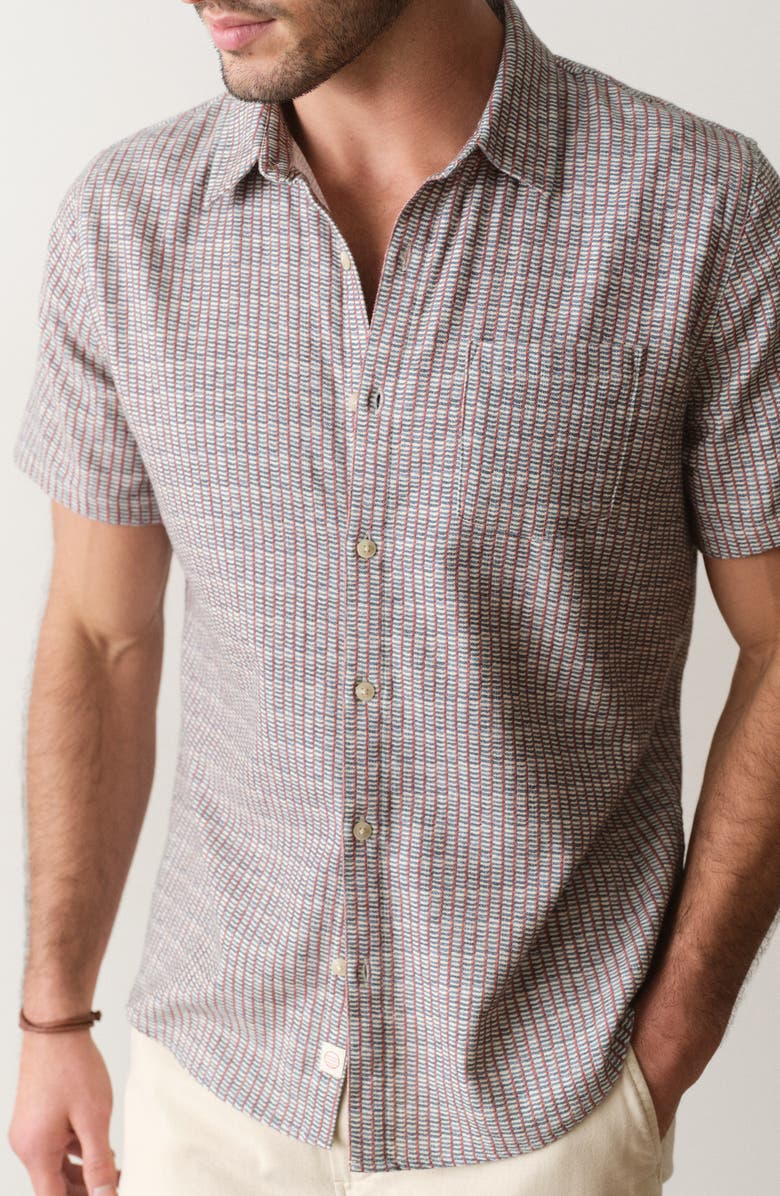Marine Layer Classic Short Sleeve Stretch Cotton Selvage Button-Up Shirt, Alternate, color, Green Matchstick Print