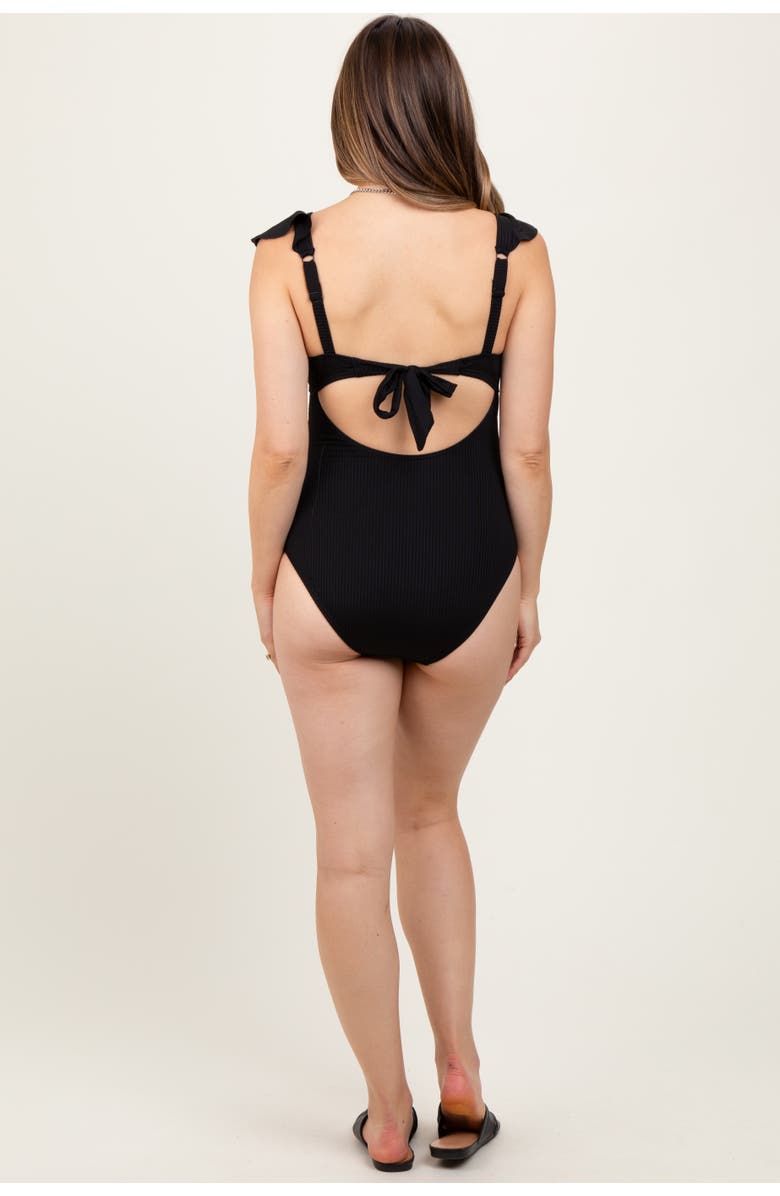 PinkBlush Ribbed Front Tie Cutout Ruched Maternity Swimsuit, Alternate, color, Black