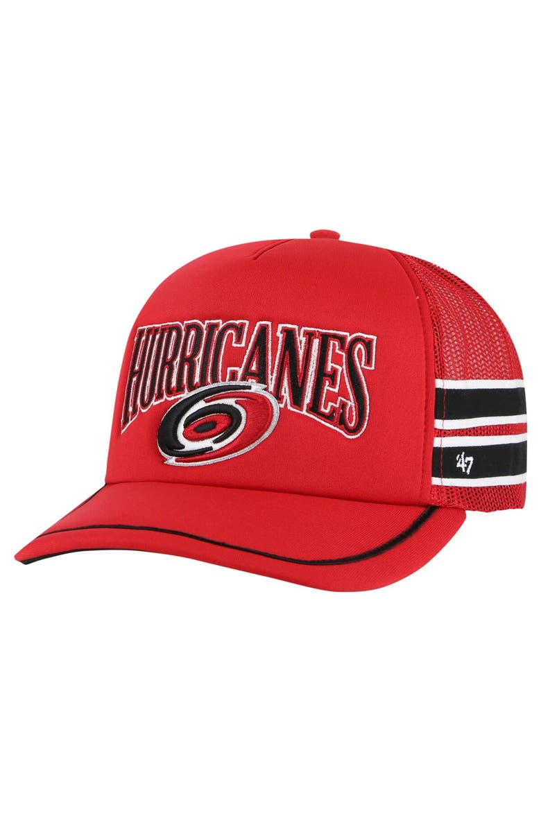 '47 Men's '47 Red Carolina Hurricanes Sideband Stripes Trucker Snapback Hat, Main, color,