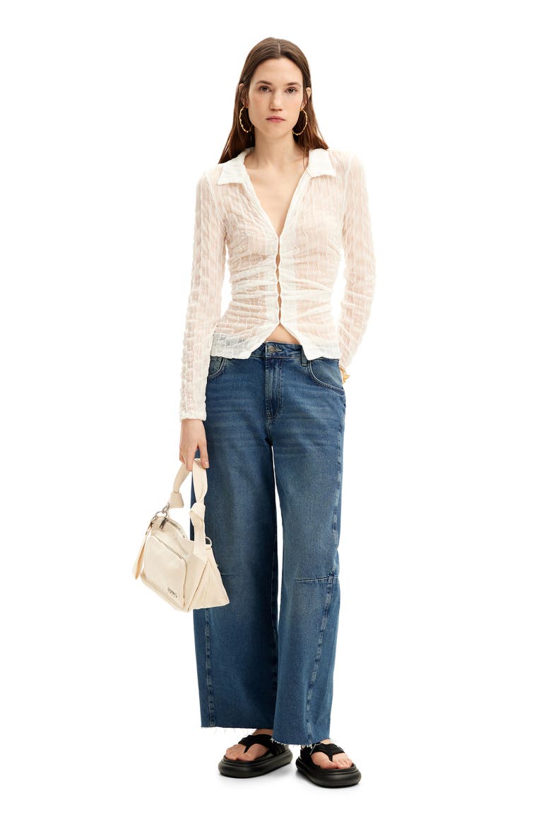 Leslie Textured Mesh Hook & Eye Shirt, Alternate, color, WHITE
