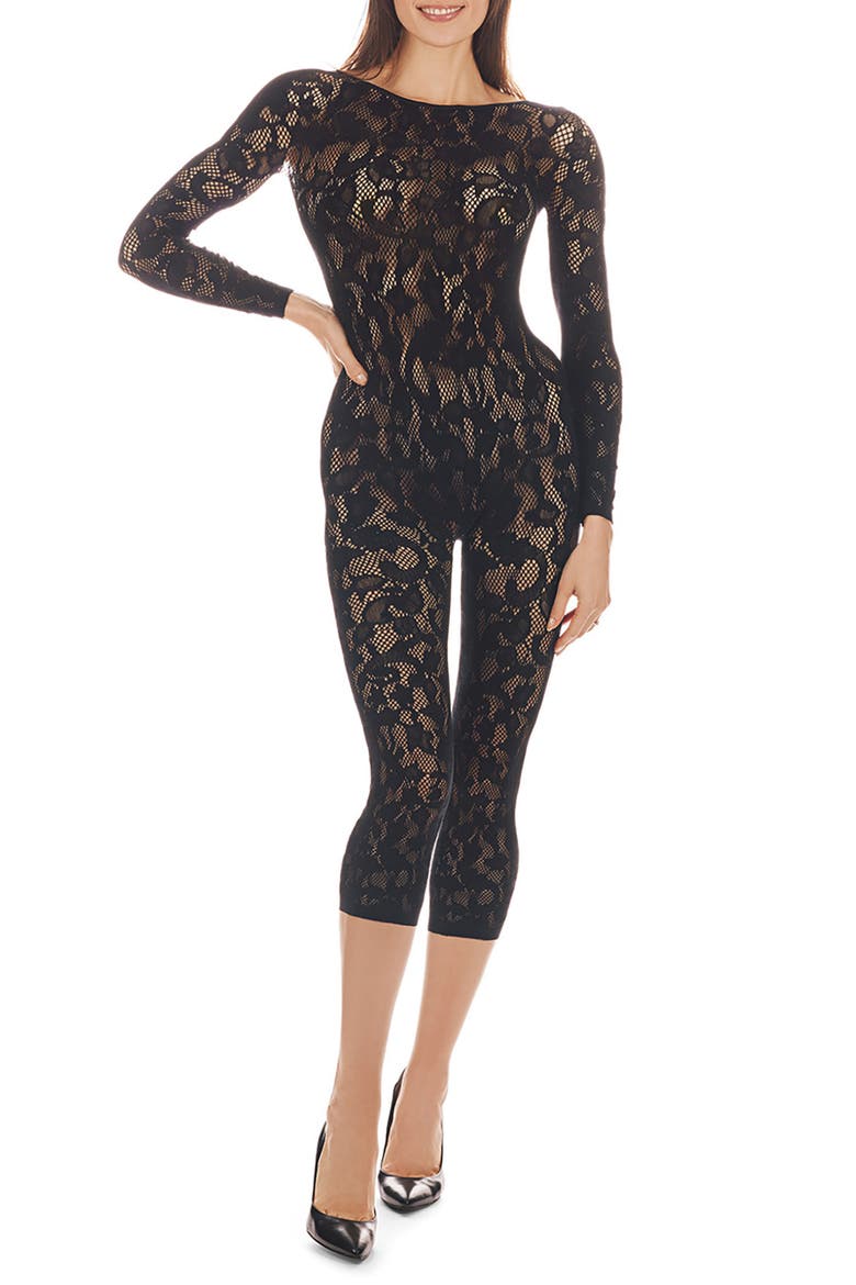 Floral Romance Long Sleeve Catsuit, Main, color, BLACK