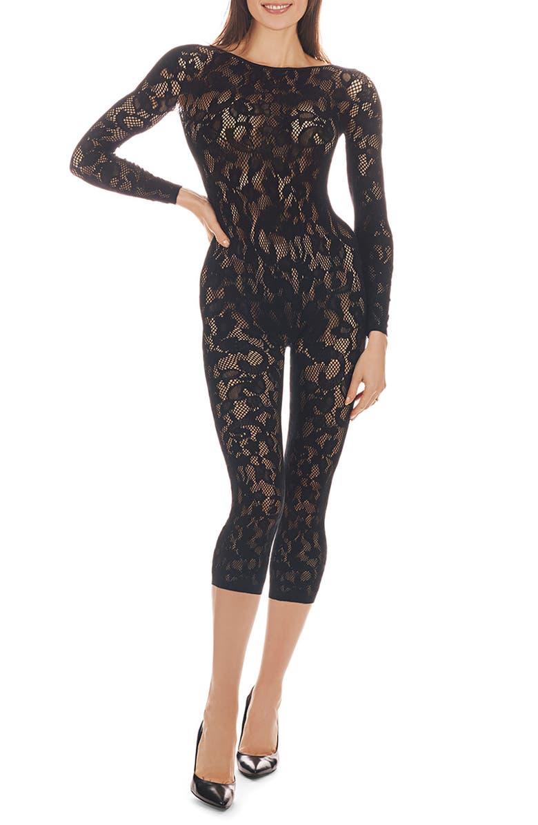MeMoi Floral Romance Long Sleeve Catsuit, Main, color, Black