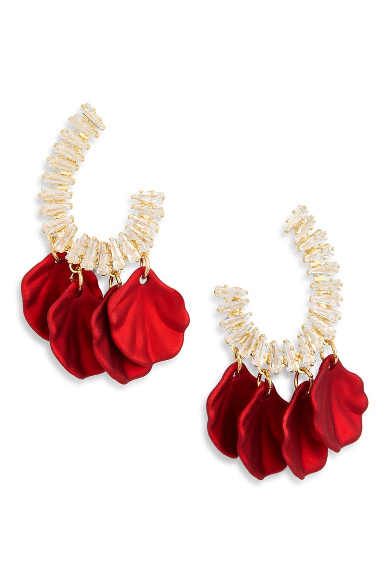 Aliyah Cubic Zirconia Rose Petal Hoop Earrings, Main, color, RED