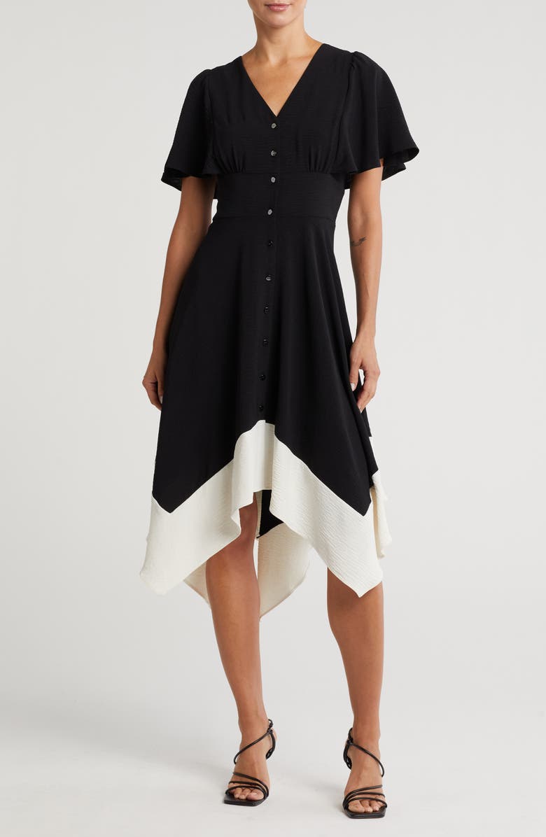 DKNY V-Neck Short Sleeve Handkerchief Hem Dress, Main, color, 