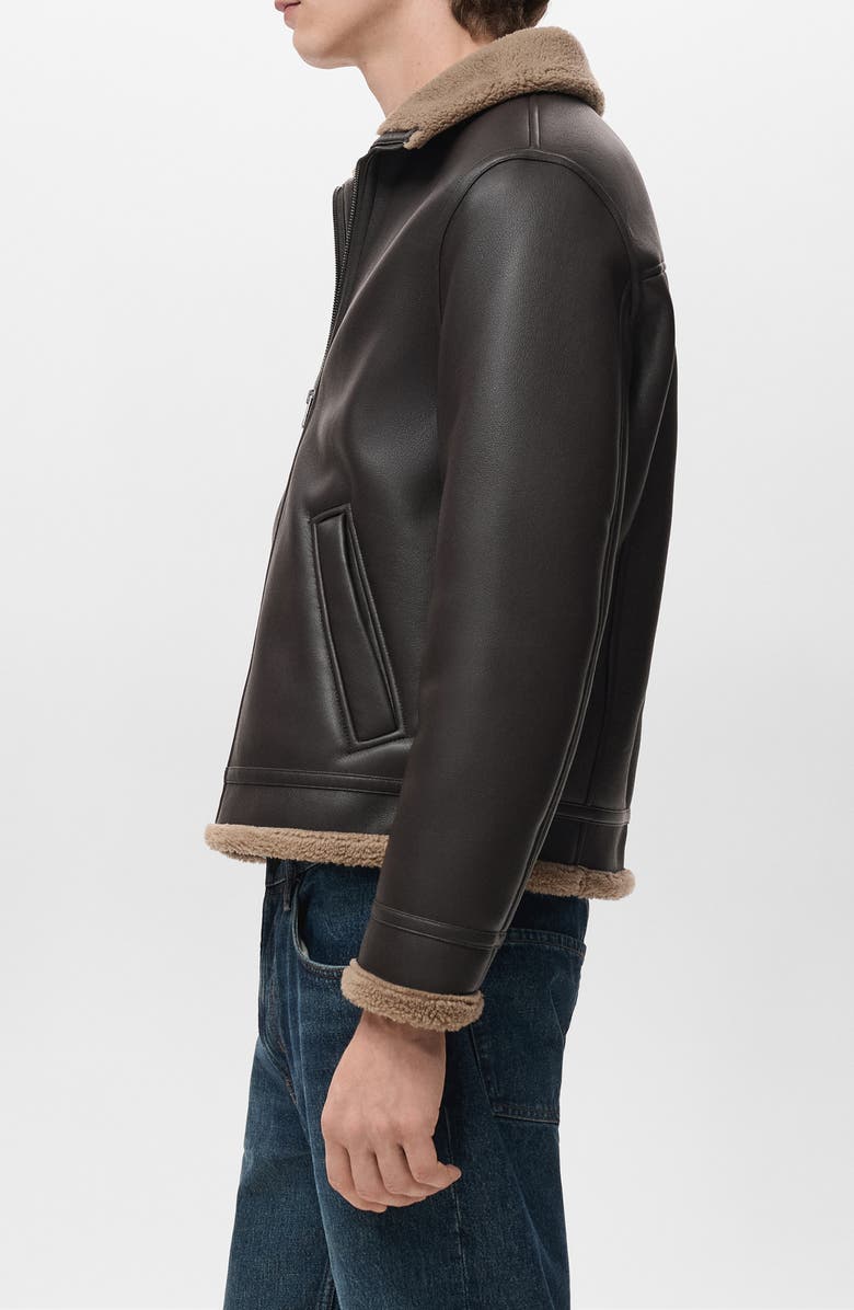 MANGO Fleece Lined Faux Leather Bomber Jacket, Alternate, color, Chocolate
