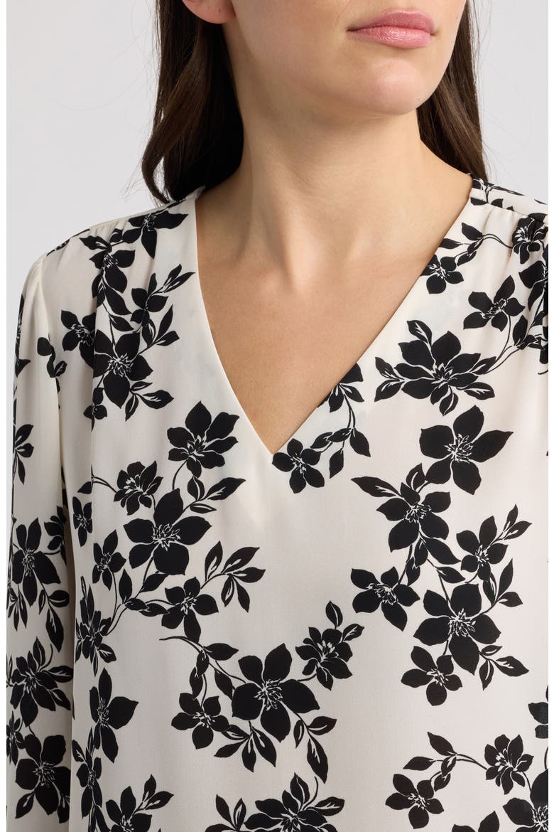 Floral V-Neck Blouse with Tie Cuffs, Alternate, color, WHITE DOVE/ ANNEBLACK