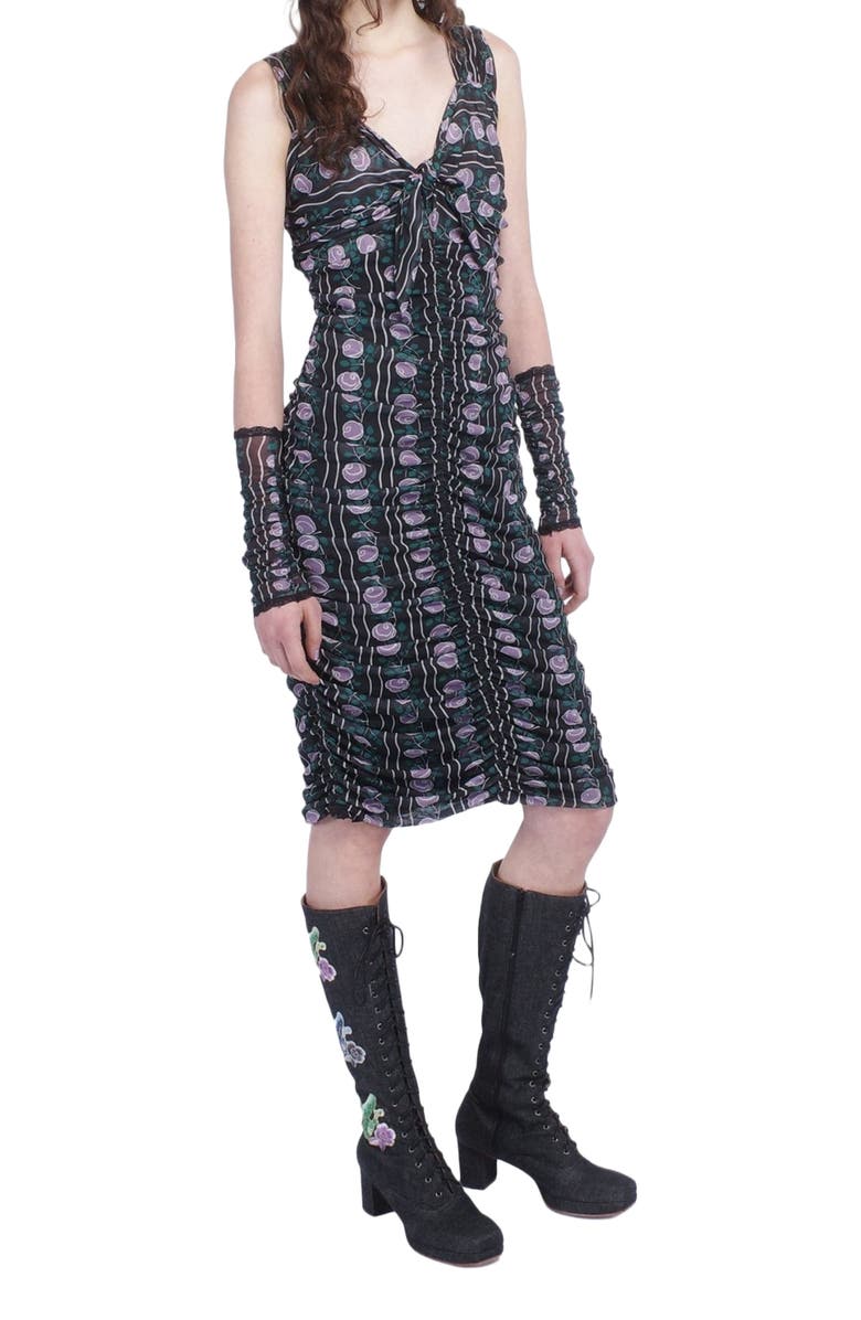 Anna Sui Rosetti Mesh Ruched Tie Dress, Alternate, color, Black/Lilac Multi