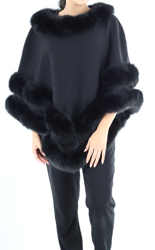 La Fiorentina Faux Fur Trim Poncho in Black 