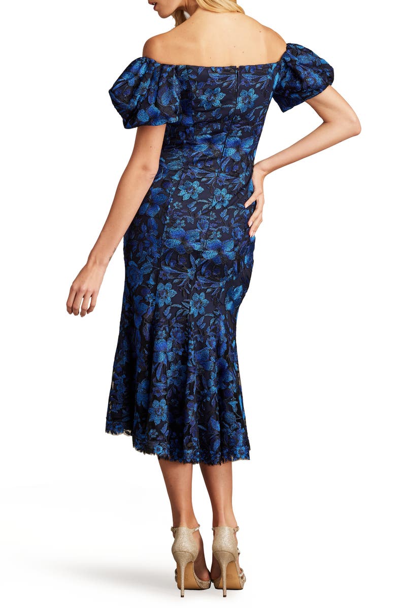 Tadashi Shoji Embroidered Floral Off the Shoulder Midi Dress, Alternate, color, Midnight