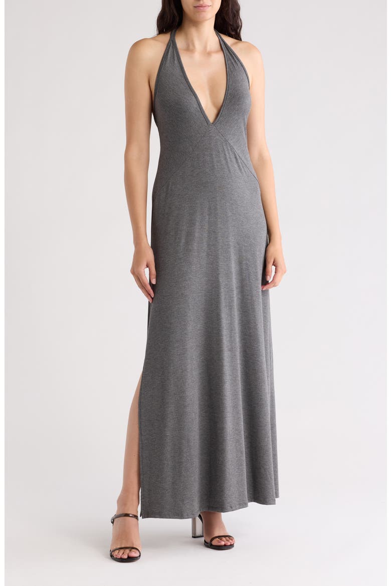 Plunge Halter Neck Maxi Dress, Main, color, CHARCOAL
