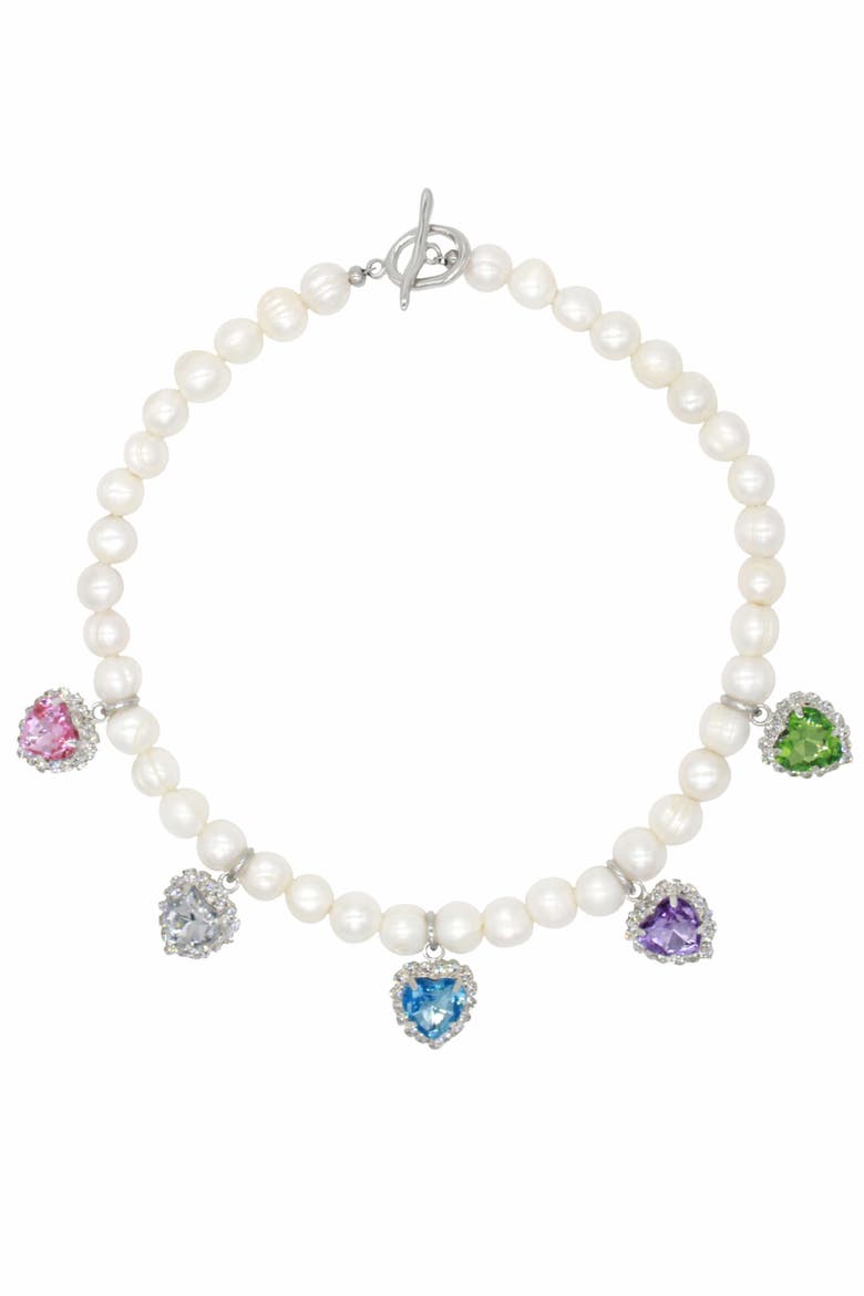 Freshwater Pearl Necklace With Multicolor Heart Charms, Main, color, Multi Colored