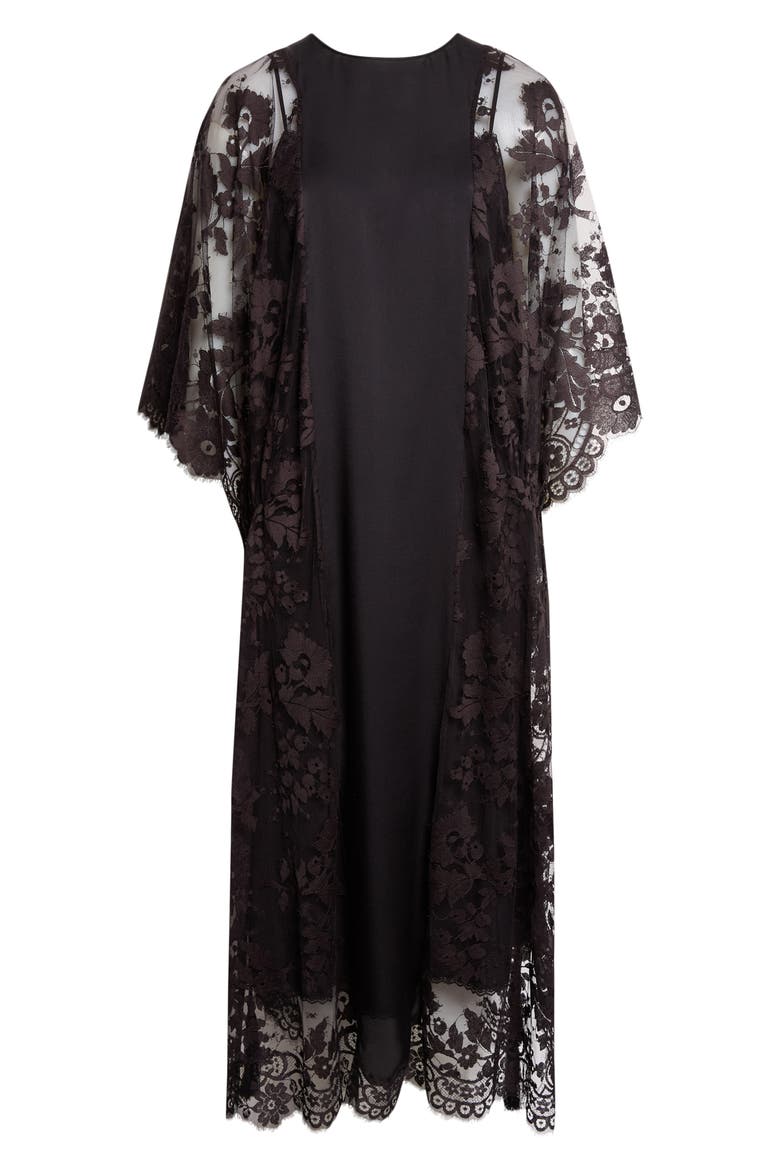 Valiant Silk & Lace Midi Dress, Alternate, color, BLACK