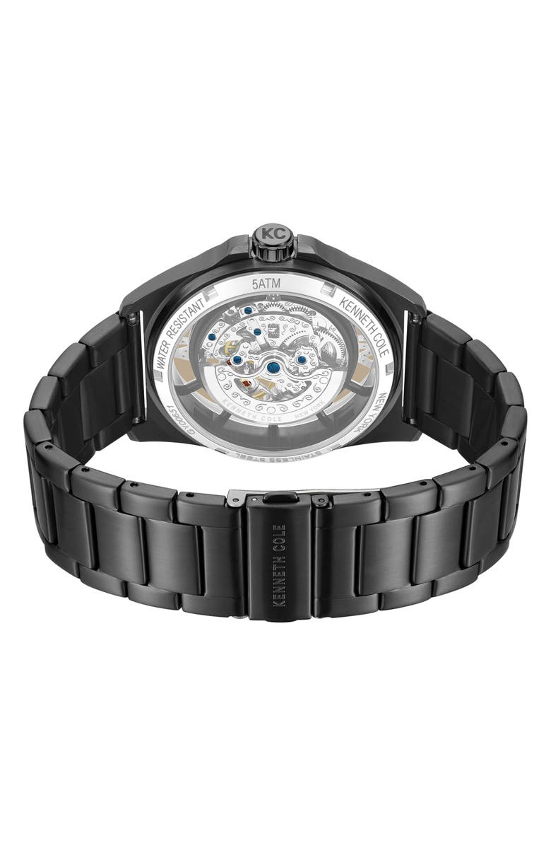 Kenneth Cole New York Skeleton Black Automatic Bracelet Watch, 44mm, Alternate, color, Black