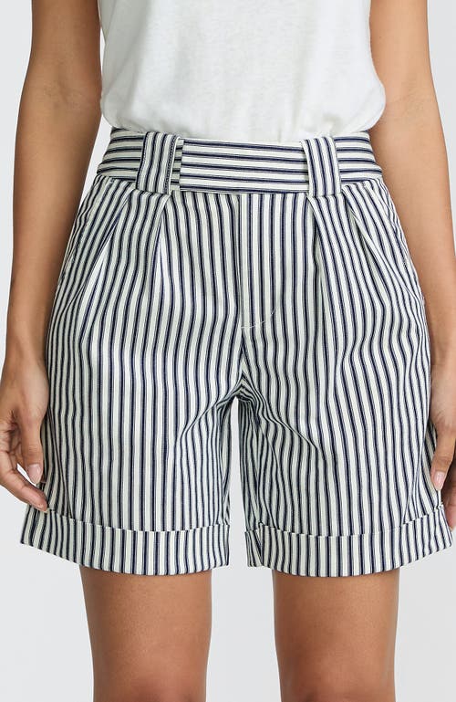 Lands' End Chino High Rise Pleated 7" Shorts In Ivory/deep Sea Awning Stripe