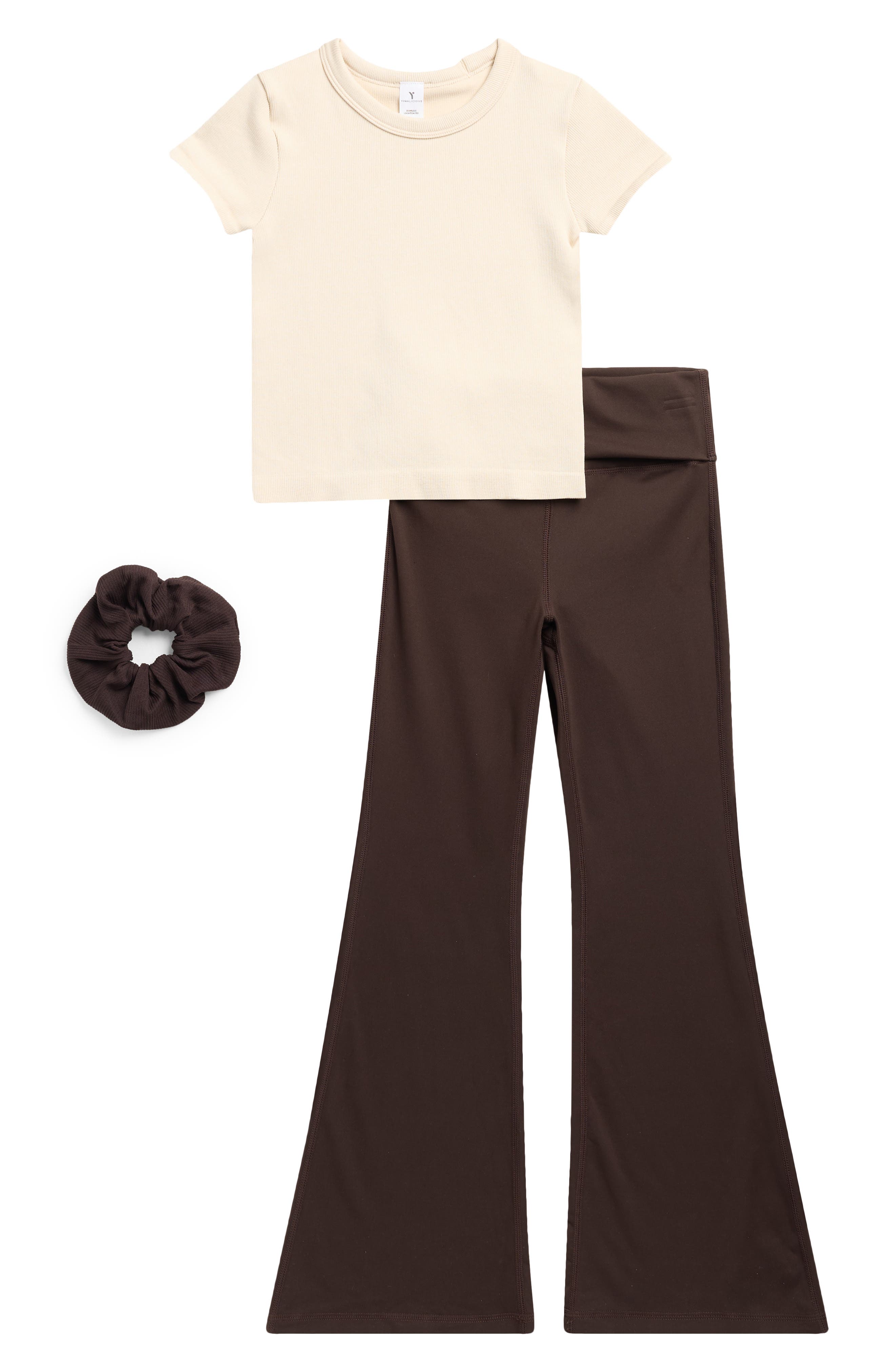 YOGALICIOUS Kids' Seamless Rib Top, Flare Leggings & Scrunchie Set