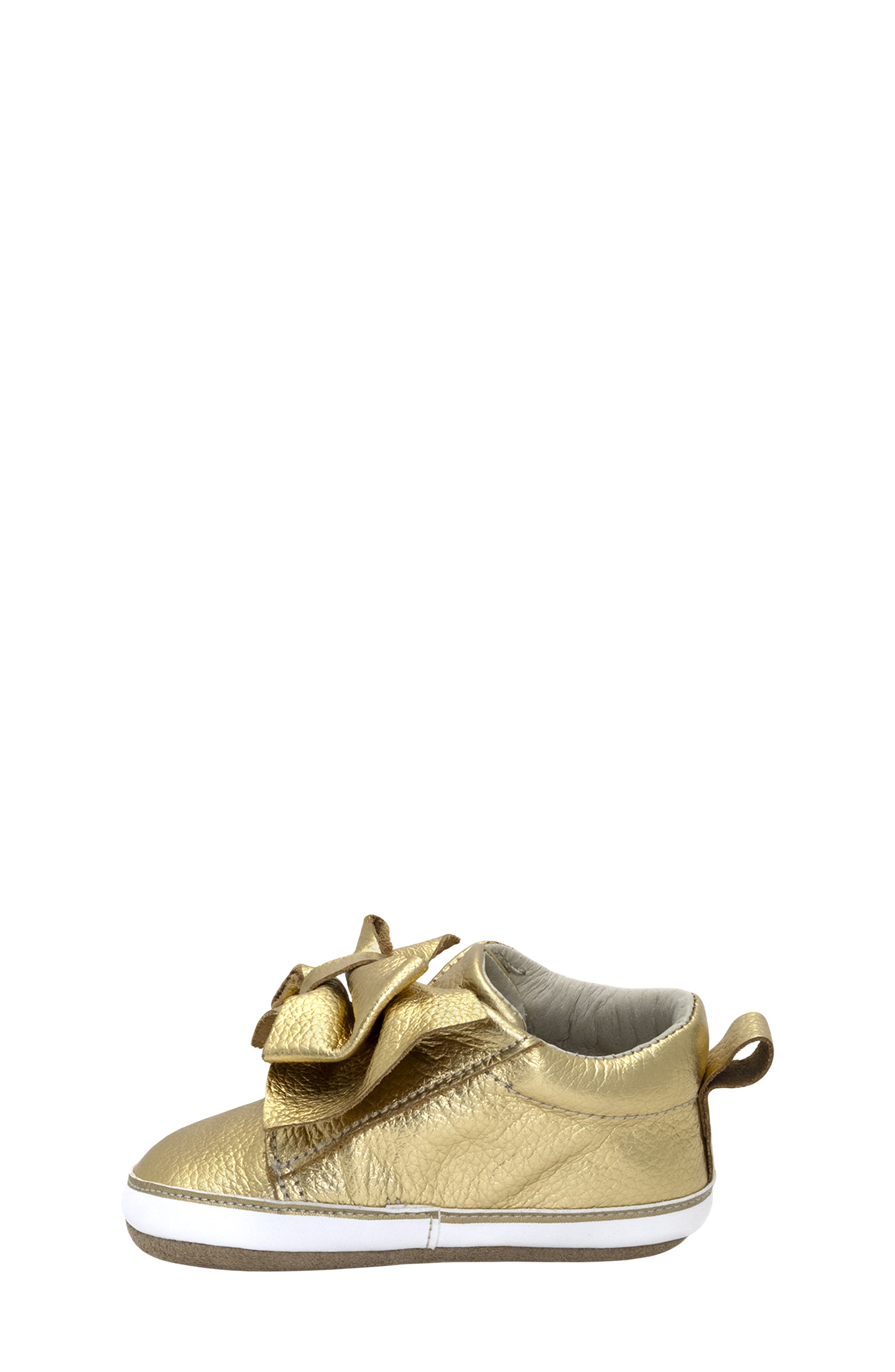 Robeez<sup>®</sup> Kids' Aria Metallic Bow Leather Crib Shoe, Alternate, color, Gold
