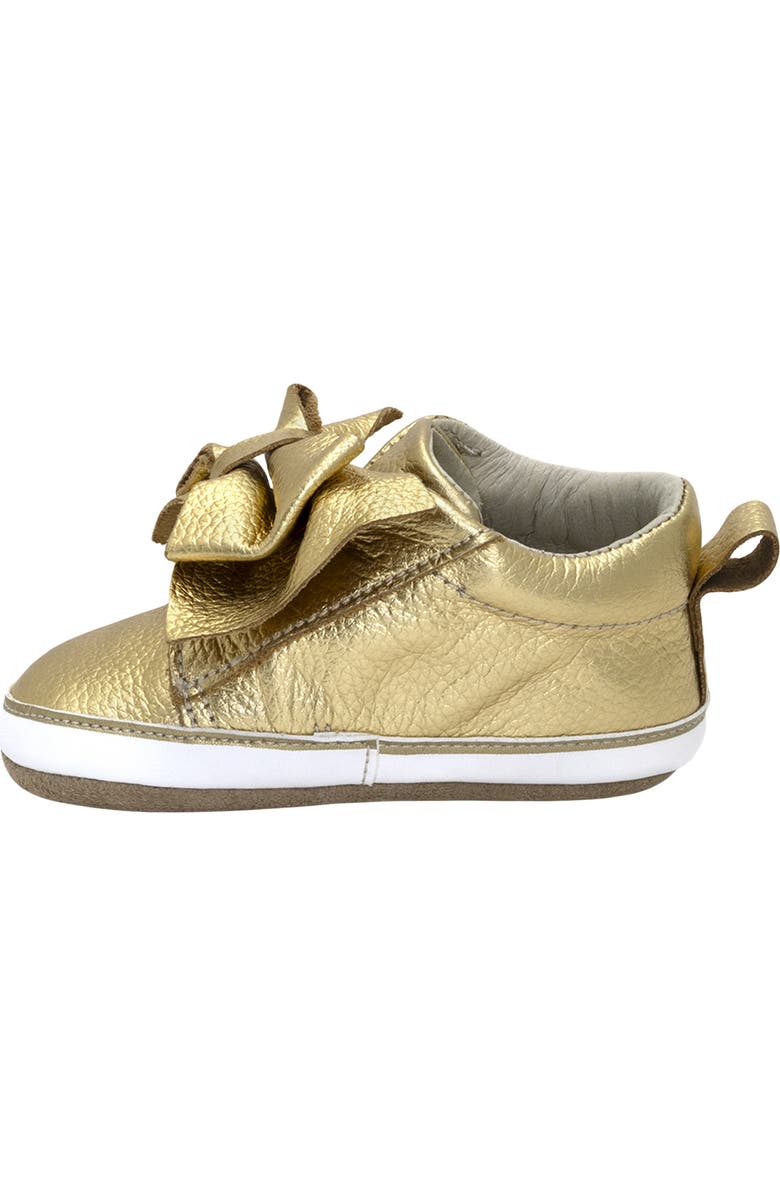 Robeez<sup>®</sup> Kids' Aria Metallic Bow Leather Crib Shoe, Alternate, color, Gold