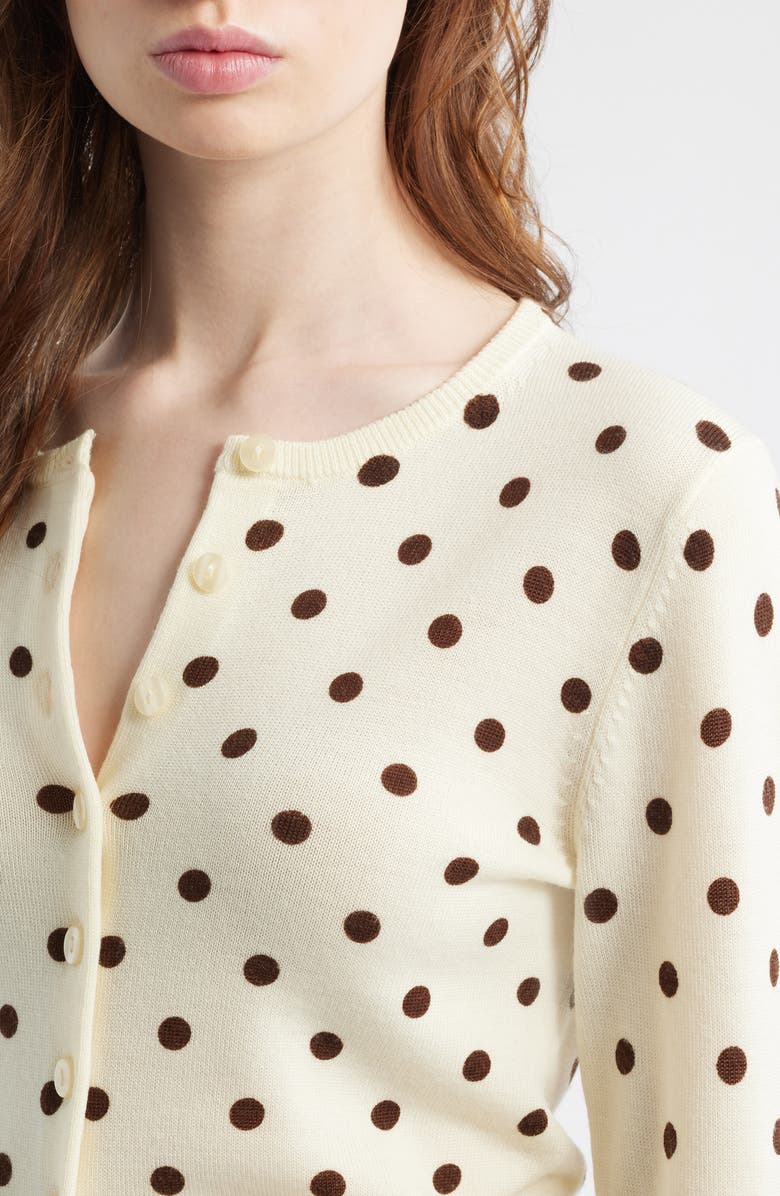 Reformation Bernadette Polka Dot Wool Cardigan, Alternate, color, Brownie Dot