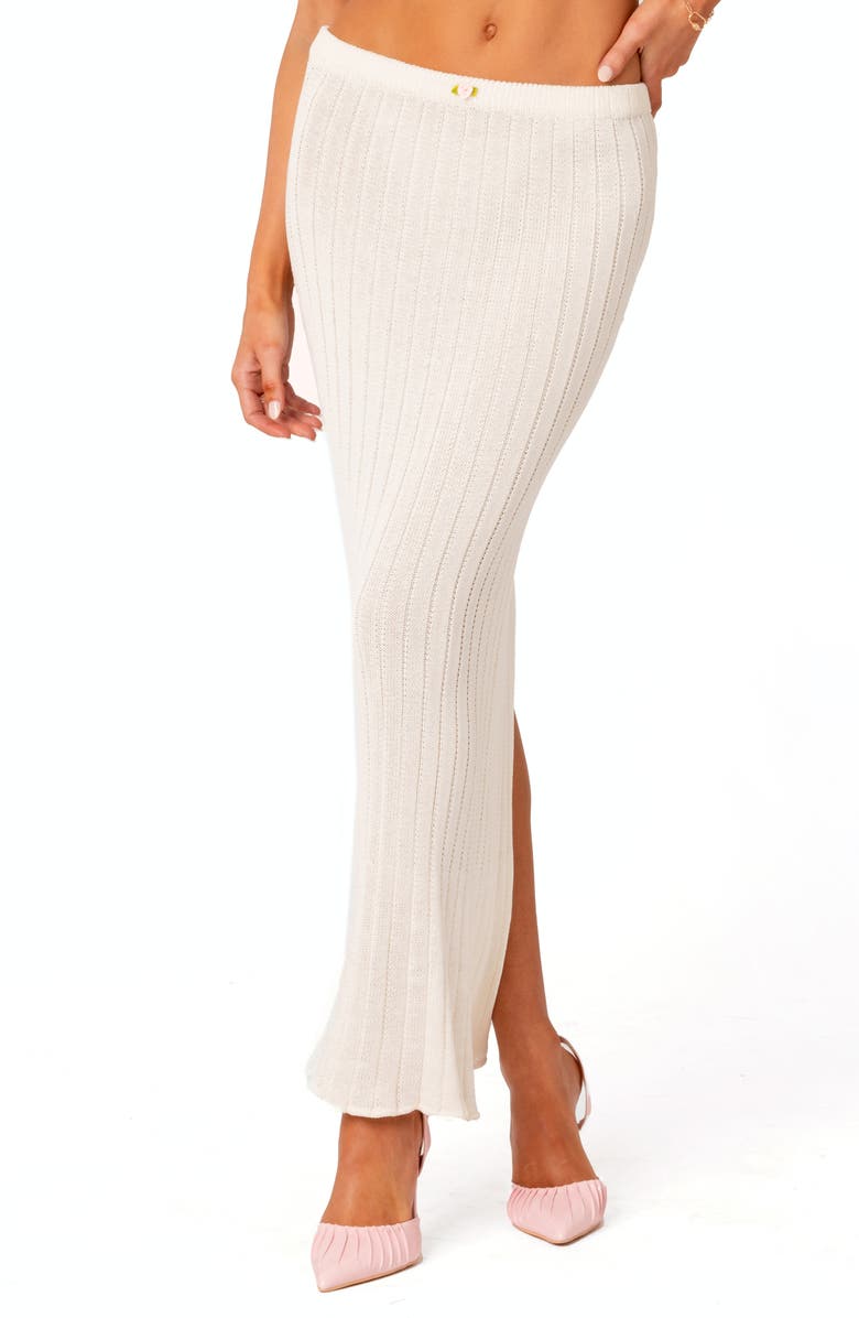 EDIKTED Rosebud Back Slit Knit Maxi Skirt, Main, color, White