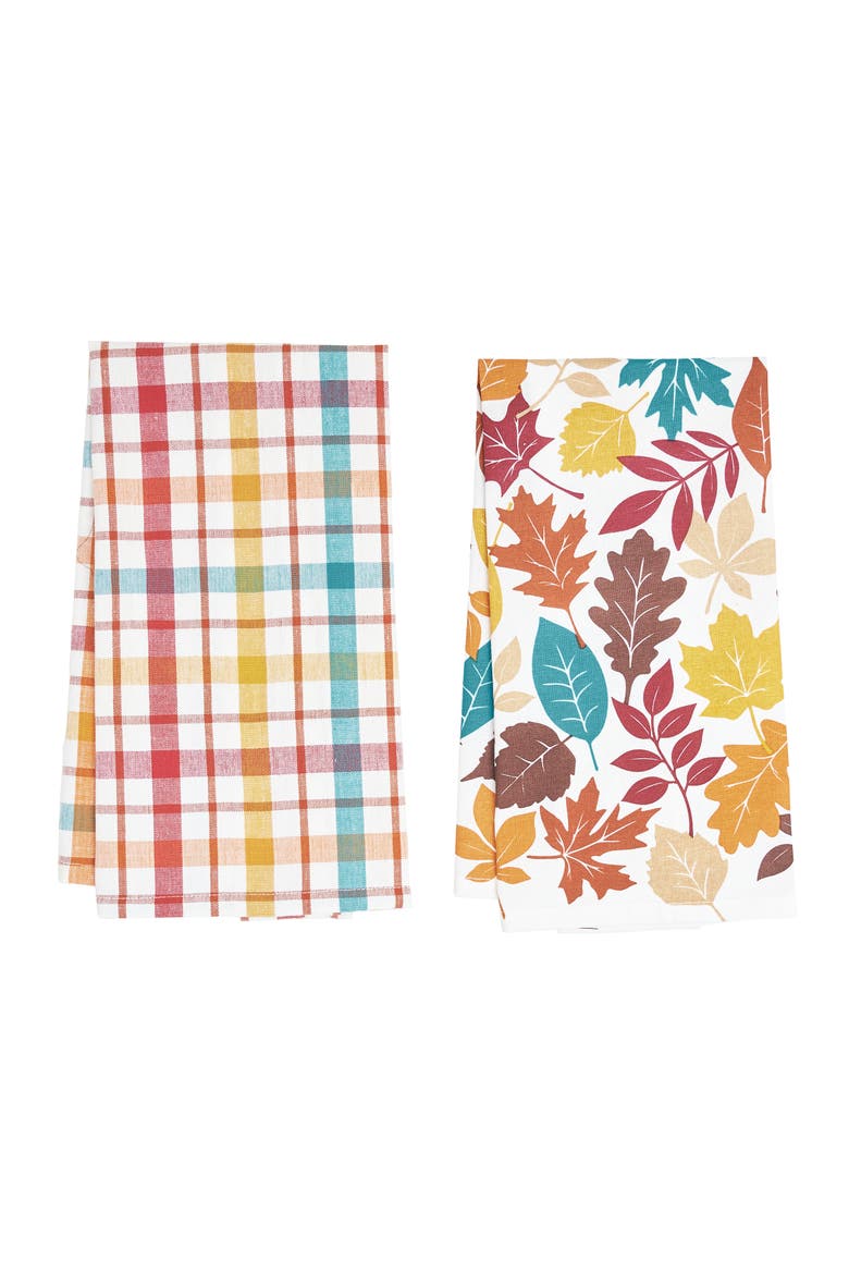 Fall Leaves & Plaid Printed Woven Kitchen Dishtowels Set of 2, Alternate, color, White