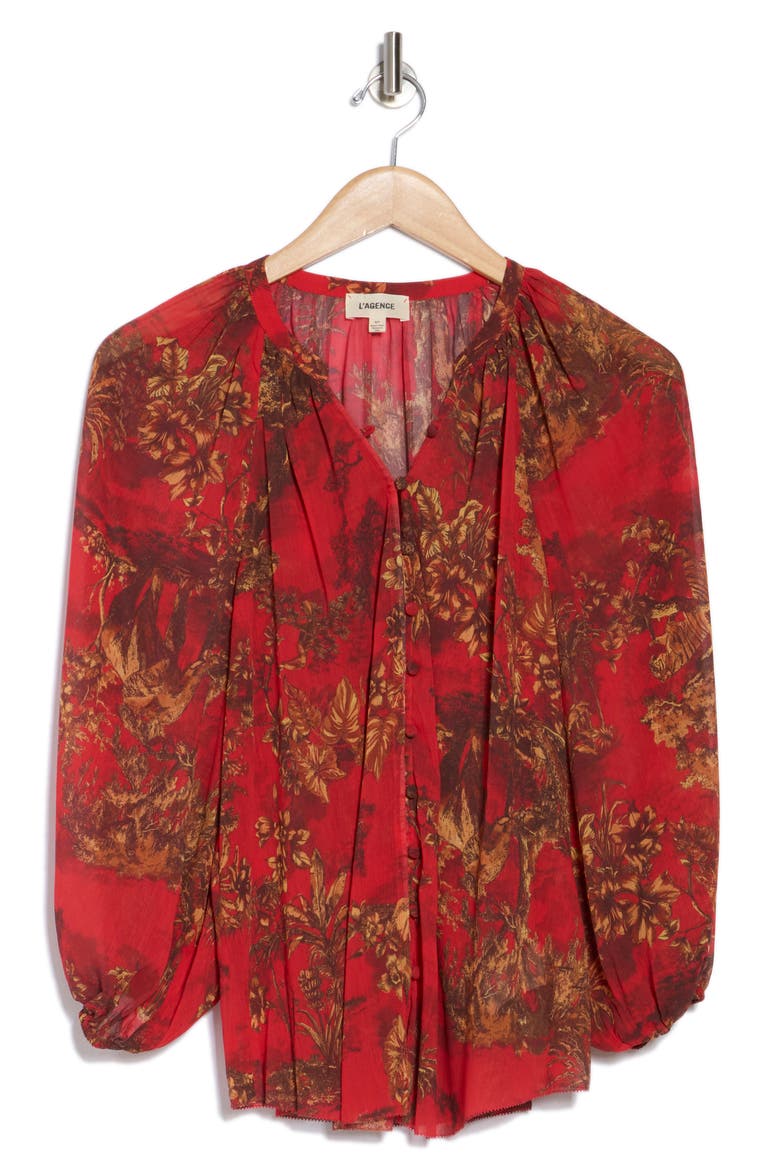 Teagan Balloon Sleeve Button-Up Top, Alternate, color, HIGH RISK RED JUNGLE TOILE