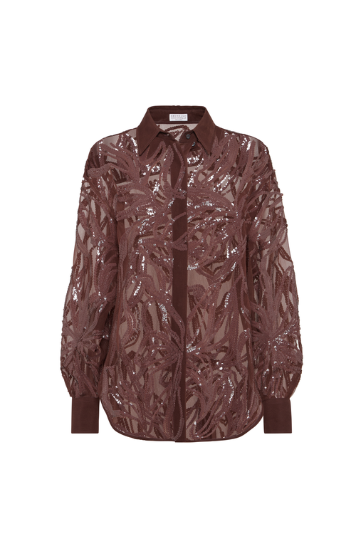 Brunello Cucinelli Burgundy Crispy Silk Dazzling Floral Embroidery Shirt In Brown