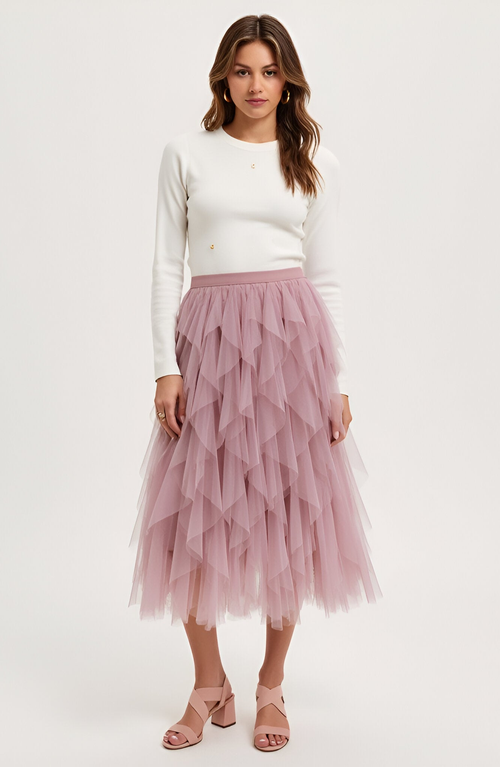 Modenaire Tiered Tulle Midi Skirt With Layered Ruffle Detail And Elastic Waistband In Pink