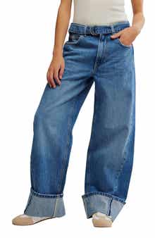 Free People East Bay Belted Cuffed High Waist Wide Leg Jeans